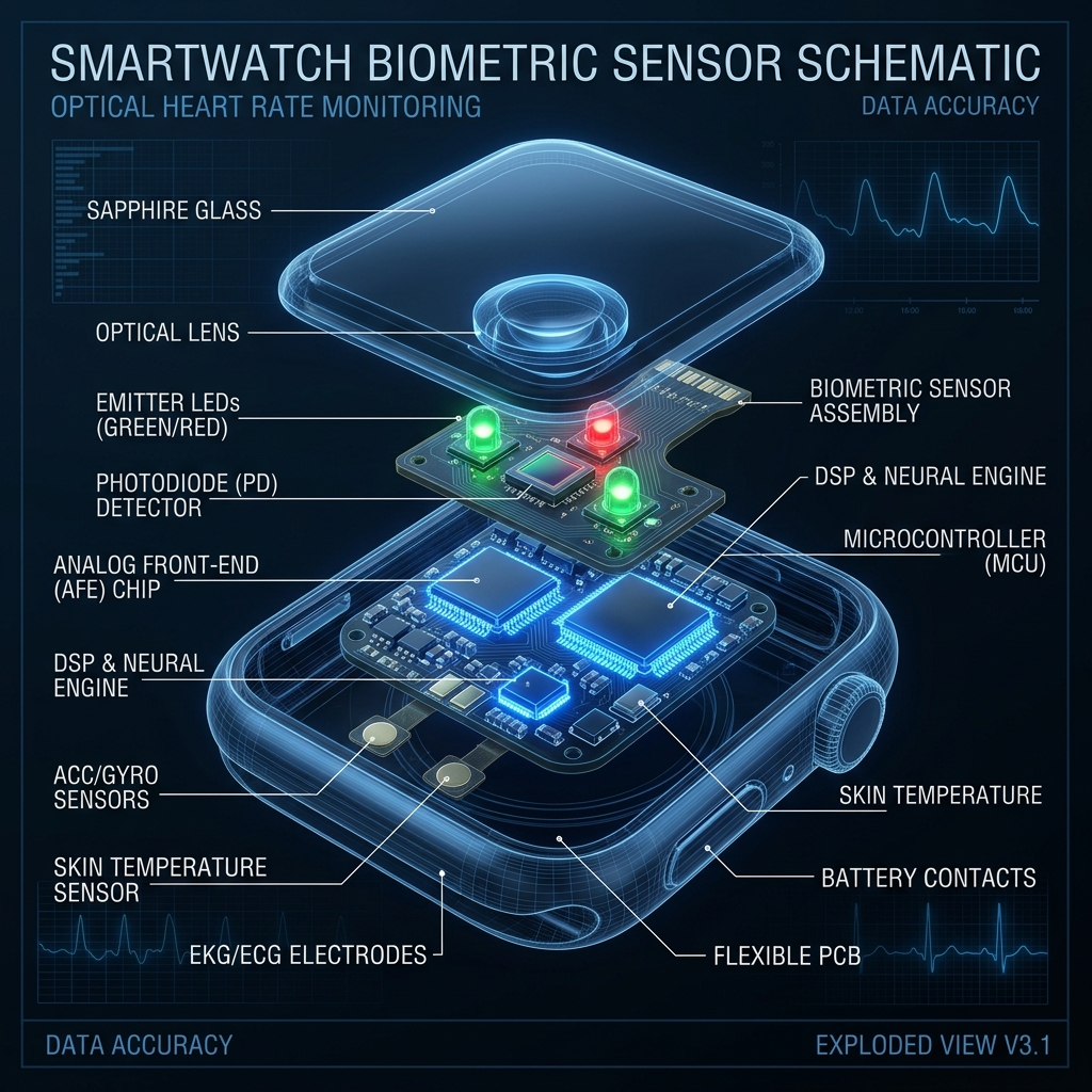 Technical 3D schematic of smartwatch biometric hardware and PPG sensors